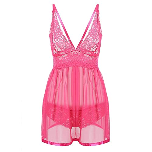 Women'S Erotic Lingerie Setssexy Women Lingerie Lace Night Dress Sleepwear Nightgown Deep See Through Sexy Sheer Lingeri Pink