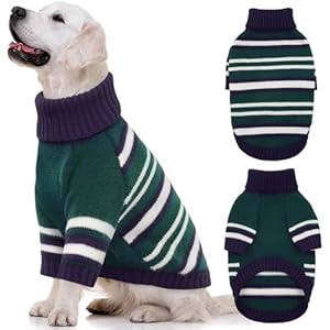 Kuoser Dog Sweater,Warm Dog Sweaters for Extra Large Dogs,Turtleneck Thick XXL Dog Sweater Christmas Outfit,Pet Winter Clothes Doggie Knitwear Girl Boy for Holiday Thanksgiving,Green&Navy Strips 2XL