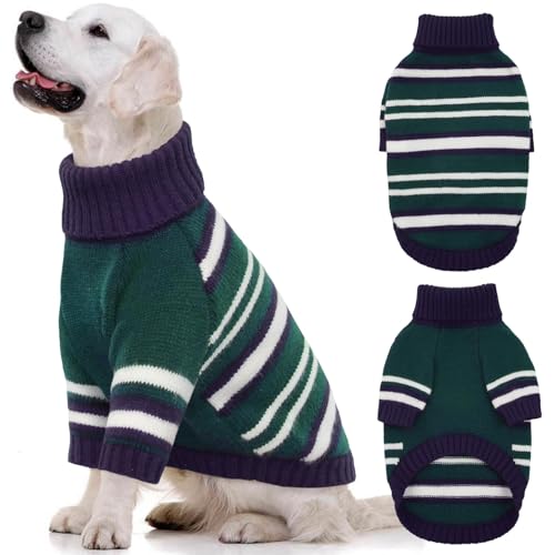 Kuoser Dog Sweater,Warm Dog Sweaters for Extra Large Dogs,Turtleneck Thick XXL Dog Sweater Christmas Outfit,Pet Winter Clothes Doggie Knitwear Girl Boy for Holiday Thanksgiving,Green&Navy Strips 2XL