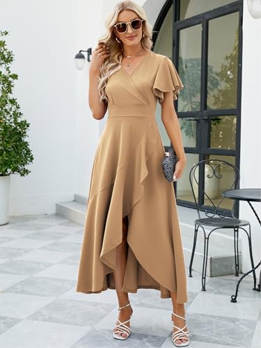 Image of Long Black Formal Dresses for Women Gowns Evening Party Cocktail Dress,Split Elegant V Neck Wrap Ruffle Wedding Guest Dresses
