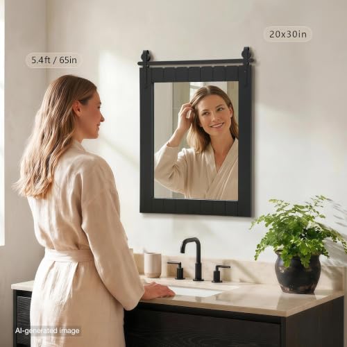 Image of Besdomus Rustic Bathroom Farmhouse Mirror: 22 inchx30 inch Black Barn Door Mirror | No Assembly Required - Solid Wood Frame - Wall Mounted for Over Sink /Bedroom /Entryway /Living Room - Ideal for Home Renovation