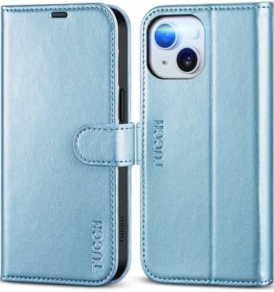 TUCCH Wallet Case for iPhone 15 (6.1") 2023, Magnetic Protective PU Leather Flip Folio Cover with [RFID Blocking][Credit Card Holders]Viewing Stand[Shockproof TPU]Compatible with iPhone 15, Lake Blue