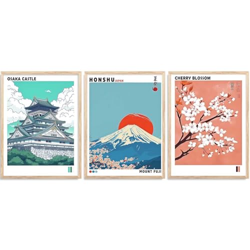 Image of kotart Japan Nature Art and City View Wall Framed Posters | Japanese Nature Art and City View Aesthetic Framed Poster for Living Room Bedroom Gaming Room Studio Wall Decor Set Of 3 (19X25 inch)