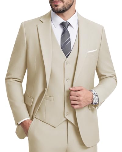 WULFUL Mens 3 Piece Slim Fit Suit Set One Button Blazer Jacket Pants Tuxedo Set Champagne