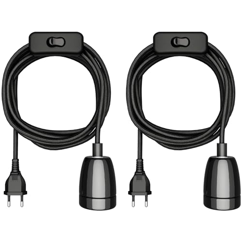 ledscom.de 2 Stück Textilkabel LEHA II, Stecker, Schalter, schwarz, 3 m, Porzellan-Fassung, 1x E27 max. 300W