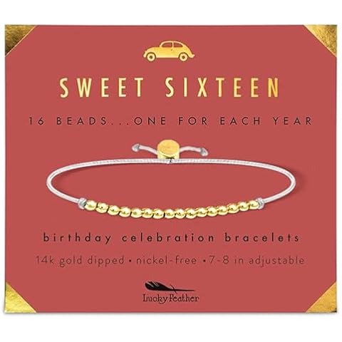 Lucky Feather Sweet 16 Gifts for Girls; 16th Birthday Bracelet Gift Idea for 16 Year Old Girls with 14K Gold Dipped Beads on Adjustable Cord Cover