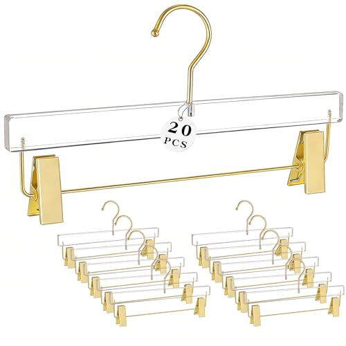 BESSER HAUS Acrylic Hangers,Clear Hangers with Gold Hooks,Luxurious Skirt Pants Hangers Gold Clips for Clothing Closet Storage 20 pcs