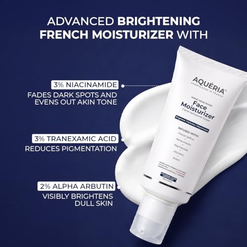 Image of Aqueria Brightening French Moisturizer for Barrier Repair with 3% Niacinamide for Fading Dark Spots | Alpha Arbutin for Visible Brightness | Glutathione for Brightening and Barrier Repair | Brightens, Fades Blemishes, Improves Skin Tone | Dermatologist Tested | All Skin Types | Women & Men | Moisturizer For Face | Barrier Repair Cream | Long Lasting Hydration | Non-Comedogenic | 100g