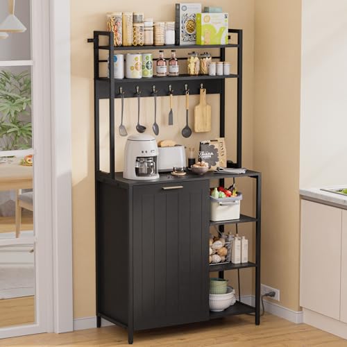 TITIMO Bakers Rack with Trash Can Storage Bin Cabinet and Power Outlet, Farmhouse Microwave Stand Cabinet for Kitchen, 6-Tiers Coffee Bar Table Station with 6 Hooks and Adjustable Feet (Black)