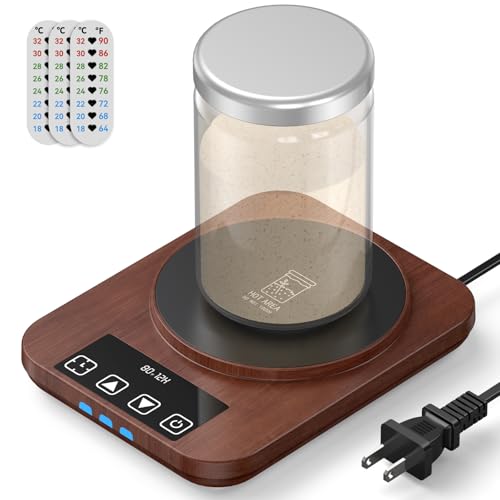 JawJuly Sourdough Starter Warmer (70-100°F), 1°F Adjustable Sourdough Warming Mat, Waterproof Thermometer Strip, 12H Timer & Auto Shutoff, Safe for Home Bakers & Beginners (US Plug) - Wood Grain