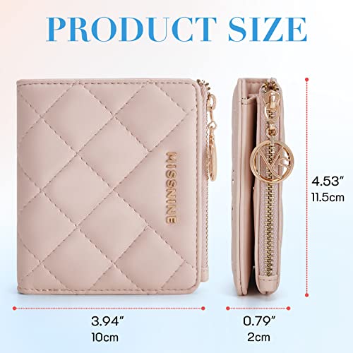 Missnine Small Wallet For Women Rfid Card Holder, Compact Ladies Wallet Pink Quilted Bifold Purse With Id Window And Coin Pocket #TOP5