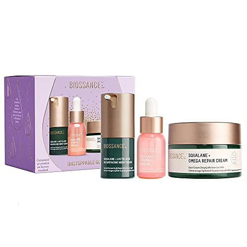 Biossance Unstoppable Glow Set. Limited Edition Full Size Squalane + Omega Repair Cream (1.6 oz) with Lactic Acid Resurfacing Night Serum (.5 oz) and Vitamin C Rose Oil (.4 oz)