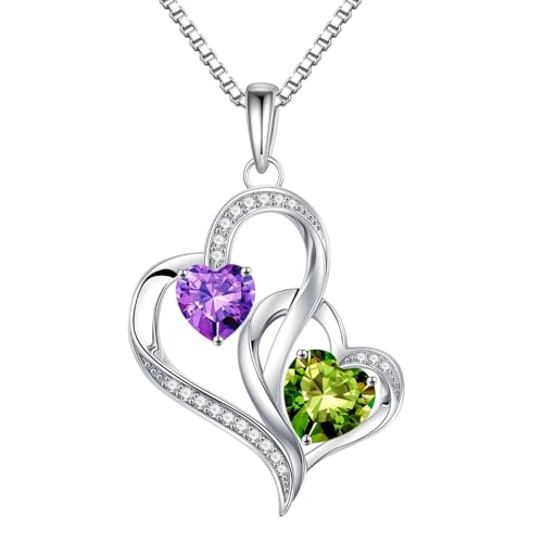 Iefil Birthstone Necklace for Women – 925 Sterling Silver Double Birthstone Heart Necklace | Anniversary...