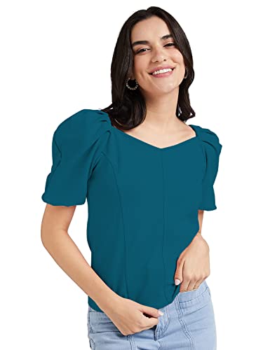 Image of Mehrang Women's Solid Ribbed Crop Tank Top Ribbed Tops for Women V-Neck 3 /4th Balloon Sleeves