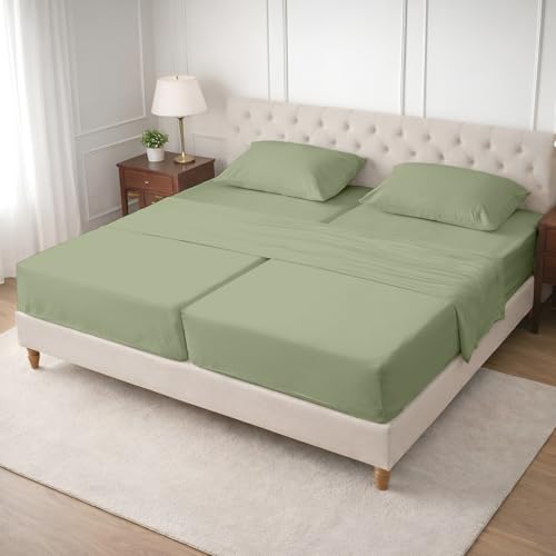 Image of SGI Split King Sheet Set for Adjustable Bed Egyptian Premium Cotton 600 Thread Count Sheets for Sleep Number Bed 15 inch Deep Pocket 5 Pc Set with 2 Twin XL Fitted Sheets Soft Breathable -Moss