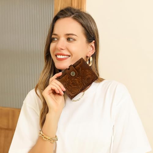 Image of Womens Wallet,RFID Blocking Leather Wallet Womens Bifold Card Holder Small Compact Wallet for Women with Removable ID Window(yhbrown)