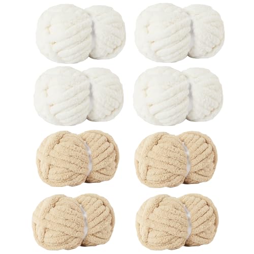 Image of Chunky Yarn for Hand Knitting Soft Jumbo Bulky Fluffy Chenille Yarn for Crocheting Blanket Scarf DIY 8 Pack (Cream+Khaki, 28yds, 8 Ounces Each)