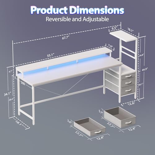 Image of Mericonia 68 inch Gaming Desk with Drawers, Reversible Computer Desk, White