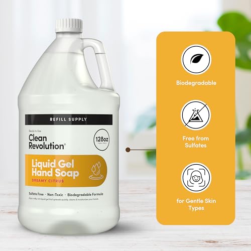Image of Clean Revolution Liquid Gel Hand Soap Refill with Real Essential Oils - Sulfate-Free Gel Hand Wash, Moisturizing Bulk Refill, Non-Toxic Formula, Made in the USA (Dreamy Citrus) 128 Fl Oz