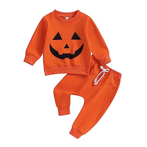 Image of LIOMENGZI Infant Baby Boy Halloween Outfit Long Funny Pumpkin Shirt Pant Set Toddler Fall Clothes 6 12 18 24 Months 2T