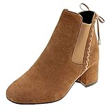  Hffan Damen Elegant Winterstiefel High Heels Wildleder Damenschuhe Stiefeletten Lederschuhe Modisch Boots Lederstiefel Blockabsatz Mode Stiefel mit Bogen(Khaki,38.5EU)