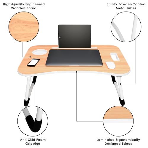 Image of Laptop Table with Dock Stand Wood Smart Standard Multi-Purpose Solid /Study Table /Bed Table /Foldable and Portable /Ergonomic & Rounded Edges /Non-Slip Legs /Engineered (Walnut)