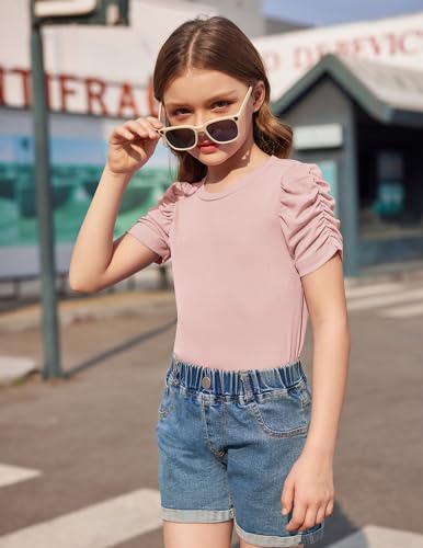 Image of Arshiner Girls Puff Short Sleeve Shirts Summer Ribbed Knit Crewneck T Shirt Tops Tee Blouse