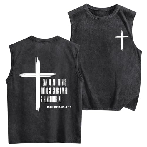 Fkatuzi Boys Christian Graphic Tank Tops God Jesus Shirts for Kids Cross Faith Religious Cotton Acid Wash Sleevesless Tshirt(Black,130)