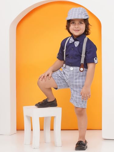 Image of AJ DEZINES Kids Clothing Cotton Blend Checkered Printed Shirt Shorts With Cap and Suspenders Set for Boys