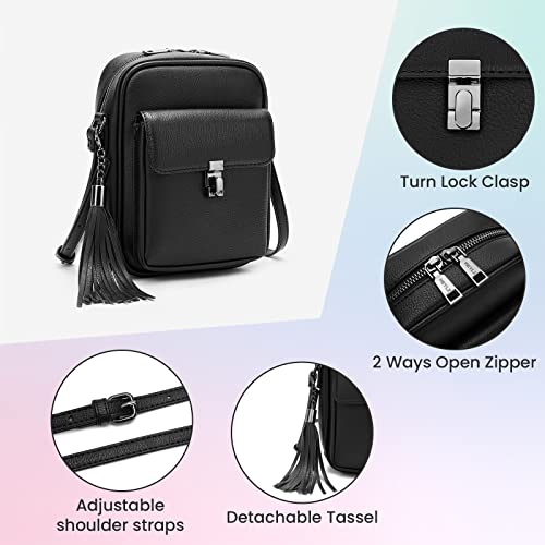 Keyli Double Zipper Crossbody Cell Phone Purse Fashion Lightweight Waterproof Leather Crossbody Bag For Women Anti-Theft Mini Travel Messenger Shoulder Handbag Wallet With Tassel Black #TOP2