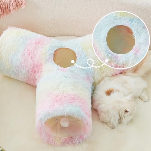 Image of Tempcore Plush Pet Cat Tunnel Tube Cat Toys 3 Way Collapsible, Tunnels for Indoor Cats,Kitty Tunnel Bored Pet Toys Peek Hole Ball Puppy, Kitty, Kitten, Rabbit Rainbow
