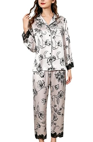 Pyjama en 100% soie dentelle ensemble de nuit haut boutonné et pantacourt capri femme