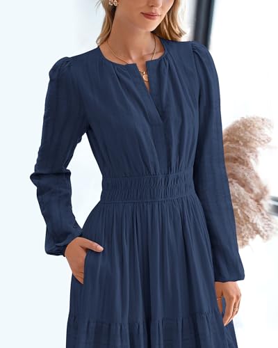 BTFBM Fall Dresses for Women 2025 Casual Long Sleeve V Neck Elastic Waist Lightweight Maxi Wedding Guest Dress Pockets