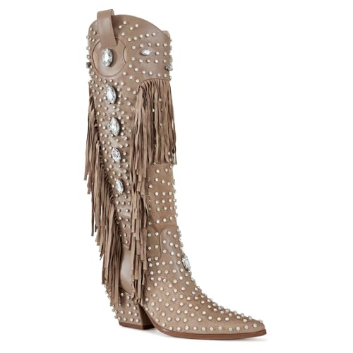 Women's Fringe Western Cowgirl Boots Pointed Toe Rhinestone Mid Calf Cowboy Boots for Women4