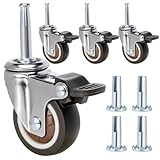 JGJC 2' Non-Marring Rubber Caster Wheels 4-Pack | 5/16' × 1-1/2' (8×38mm) Grip Neck with Sleeve Plugs | Heavy Duty Casters with Brake Set of 4 for Wood Furniture Legs, Tables, Benches | Floor Friendly