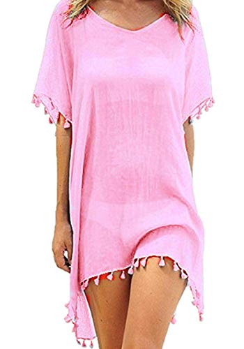 Vestido de Playa Traje de Baño Camisolas y Pareos Playero con Borla para Verano (Rosado) Cover