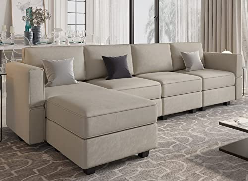 Belffin Modular Sectional Sofa Couch With Reversible Chaise Velvet L Shaped Couch Sofa With Storage 4-Seat Convertible Sectional Sofa Grey #TOP1