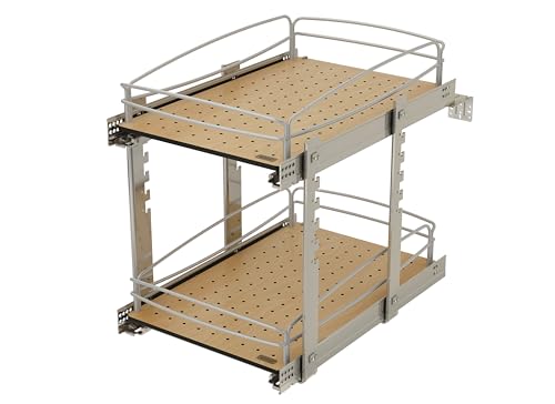 Rev-A-Shelf 2 Tier Pull Out Kitchen Cabinet Storage Organizer with Solid Bottom & Undermount Soft-Close Full Extension Slides, 54BK-15SC-2-1