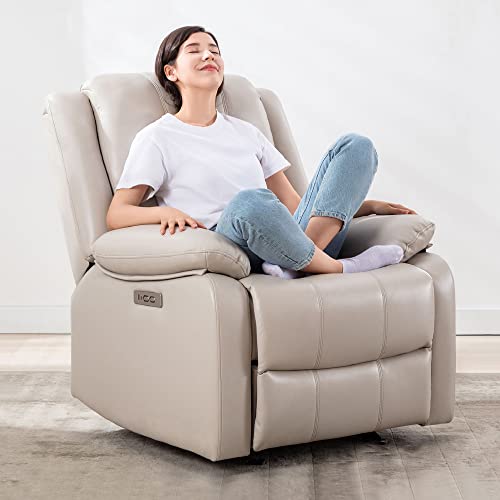 Watson & Whitely Power Recliner Chair for Adults, Faux Leather Electric Glider Reclining Chair for Living Room and Nursery, Upholstered Rocker Recliner with USB Port, Cream