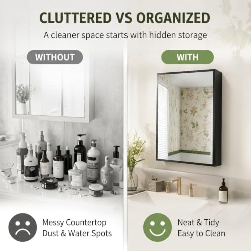 Image of Black Bathroom Medicine Cabinet with Mirror, Wall Mounted Mirror Cabinet