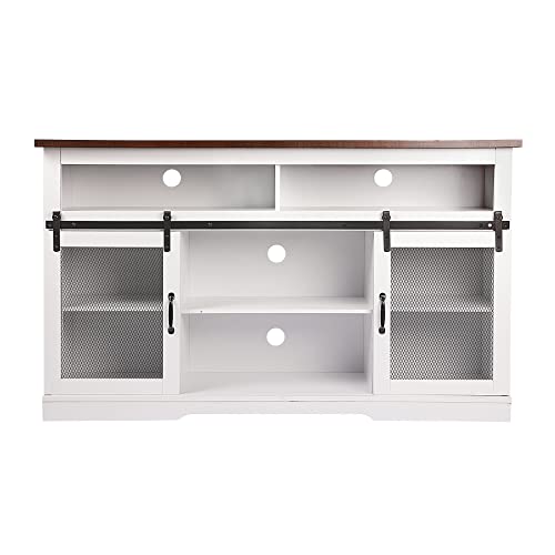 Xilingol Farmhouse TV Stand with Sliding Barn Door, Rustic Entertainment Center for 65 Inch TV, TV Cabinets with Storage Shelves, Highboy Modern Media Console for Living Room, White