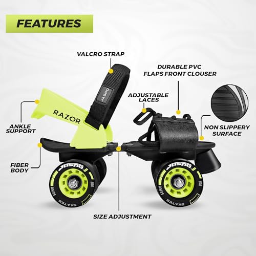 Image of JASPO Razor Adjustable Roller Skates | Unique Ankle Support | 61mm PU Wheels | Anti-Skid Surface | Lightweight | Quad Skates for Kids & Adults (Size 25-31 cm, Age 8+)