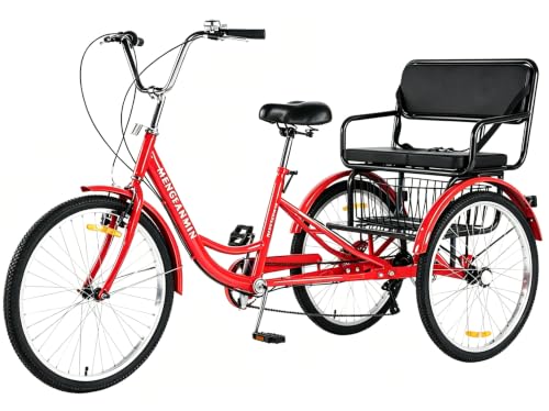 Image of Adult Tricycle Foldable with Child seat 3 Wheel Bicycle for Ladies Tricycle with Basket with Back seat 20 /24in Bikes Maximum Load 550lbs Shock Absorbing Fork Adult-Unisex (Red + Black)