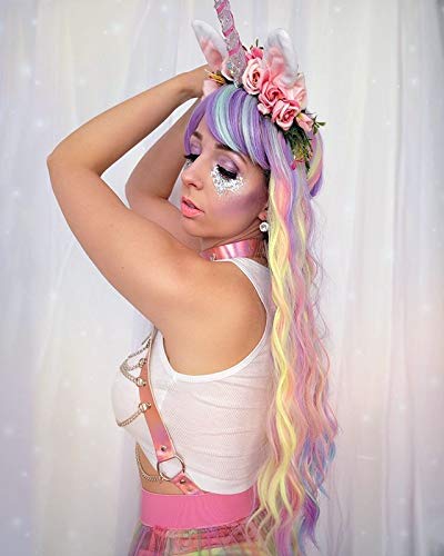 Colorful Rainbow Wigs with Bangs for Women Pastel Long Wavy Curly Colored Purple Goth Hair Wig for Music Festival, Themed Parties, Halloween, Wedding - 27.5'' - Image 4