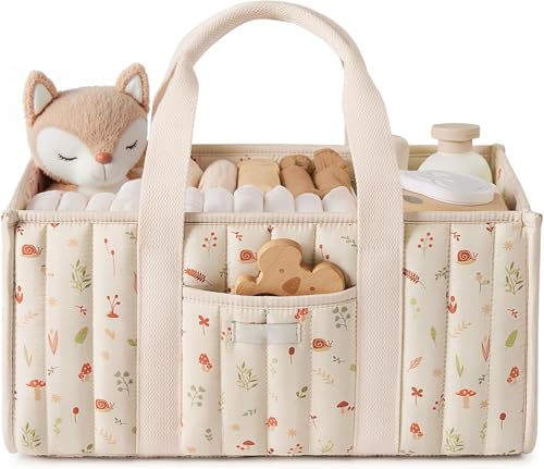 Oasisgalore Floral Diaper Caddy - Nursery Organizer Basket Stylish Storage & Baby Gift for Newborn (Woodland Cream)