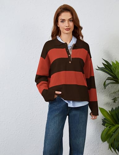Image of Womens Striped Sweater Rugby Polo Shirts Y2k Collar Pullover Tops | Rugby Shirt,Long Sleeve Knit Top,Lapel V Neck Jumper,Oversized,Casual Outings Streetwear,Preppy Sweater,Fall Winter Clothes