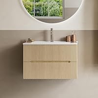 BRIDGE BENO 61 cm Breiter Wandschrank Mit Keramikwaschbecken, 2 Schubladen, Soft-Close-Funktion, Geriffelte Akzente, Geeignet Für Kleine Badezimmer/gäste-Wcs, Golden Sand