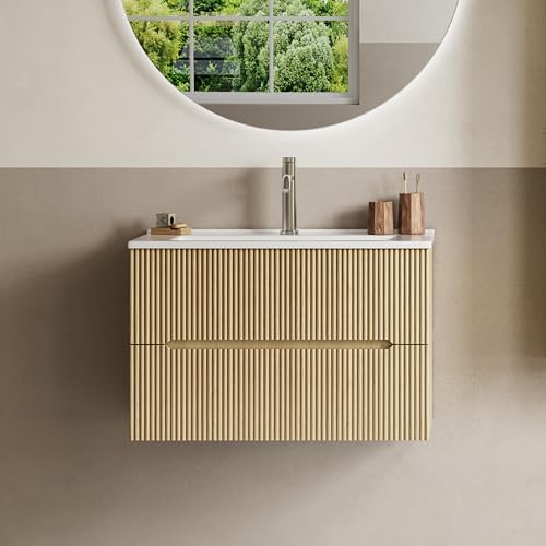 BRIDGE BENO 61 cm Breiter Wandschrank Mit Keramikwaschbecken, 2 Schubladen, Soft-Close-Funktion, Geriffelte Akzente, Geeignet Für Kleine Badezimmer/gäste-Wcs, Golden Sand