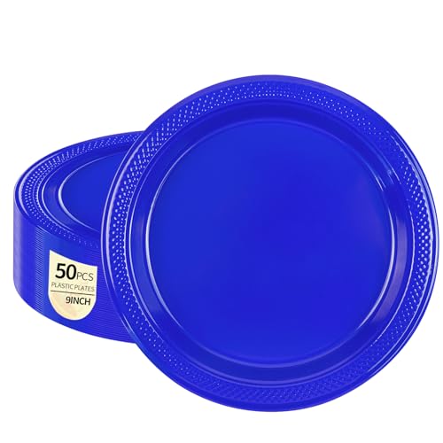 HiEnjoin 50-Pack Royal Blue Plastic Plates, 9 Inch Disposable Party Plates Dinner Plates for BBQ Picnic Birthday Party Supplies (Royal Blue, 9 Inch)