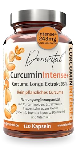 Donivital - Kurkuma-Extrakt (Curcuma longa) 95% – 4 Monate Vorrat – 1 Kapsel am Tag - magensaftresistent - vegan – 243 mg Curcuminoide je Kapsel – mit Ingwer, Piperin, Quercetin & Vitamin C – in Glasflasche